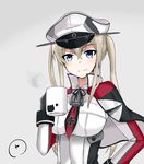  anchor_symbol animal_print black_gloves blonde_hair blue_eyes capelet cat_print coffee coffee_mug collared_shirt cup eyebrows_visible_through_hair gloves graf_zeppelin_(kantai_collection) hat kantai_collection long_hair looking_at_viewer maruya1006 military military_uniform mug necktie paw_print peaked_cap shirt smile solo twintails uniform upper_body white_hat white_shirt 