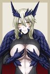  armor artoria_pendragon_(all) artoria_pendragon_(lancer_alter) beckoning blonde_hair blush breasts cleavage fate/grand_order fate_(series) hand_on_own_chest hasebe_akira highres huge_breasts navel nipples paizuri_invitation smile solo spread_cleavage stomach torn_clothes yellow_eyes 