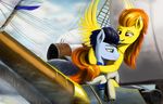  amber_eyes blue_feathers blue_hair clothed clothing day detailed_background discordthege duo equine feathers female feral friendship_is_magic green_eyes hair hooves male mammal my_little_pony orange_hair outside pegasus smile soarin_(mlp) spitfire_(mlp) wings wonderbolts_(mlp) yellow_feathers 