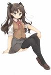  black_legwear blue_eyes breasts brown_hair fate/stay_night fate_(series) full_body highres homurahara_academy_uniform long_hair looking_at_viewer murakami_meishi school_uniform skirt small_breasts smile solo sweater toosaka_rin two_side_up 