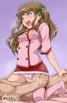  1girl artist_name azusagawa_tsukino breasts brown_hair clothed_sex cowgirl_position drooling employee_uniform girl_on_top gradient gradient_background green_eyes hetero highres long_hair nipples open_mouth panties panties_aside pink_legwear pink_panties purple_background saliva sex shikapu small_breasts straddling sweat thighhighs two_side_up underwear uniform yakitate!!_japan 