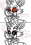  2015 animatronic anthro canine comic dialogue english_text exposed_endoskeleton five_nights_at_freddy&#039;s five_nights_at_freddy&#039;s_4 fox inkyfrog long_tongue machine male mammal nightmare_foxy_(fnaf) restricted_palette robot sharp_teeth simple_background solo teeth text tongue tongue_out video_games white_background yellow_eyes 