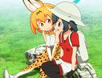  animal_ears backpack bag bare_shoulders between_legs black_gloves black_hair blue_eyes bow bowtie breasts collarbone elbow_gloves eyebrows_visible_through_hair eyelashes feathers gloves grass hand_between_legs hat hat_feather helmet highres kaban_(kemono_friends) kemono_friends looking_at_another looking_away medium_breasts multiple_girls official_style orange_eyes orange_hair outdoors pantyhose pith_helmet red_shirt ribbon rock sanpaku sat-c serval_(kemono_friends) serval_ears serval_print shadow shirt shoe_ribbon short_hair shorts sitting skirt sleeveless sleeveless_shirt smile socks tareme thighhighs white_footwear white_shirt 