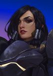  2016 artist_name black_hair brown_hair c_home commentary_request dark_skin dated eye_of_horus eyeshadow hair_over_one_eye hair_tubes lips lipstick looking_at_viewer makeup no_headwear no_helmet nose overwatch parted_lips pharah_(overwatch) realistic short_hair solo teeth thick_eyebrows upper_body 