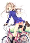  :d bicycle black_legwear blazer blue_skirt blue_sweater blush bow floating_hair green_bow ground_vehicle hair_bow highres jacket kneehighs leg_up light_brown_hair long_hair looking_at_viewer looking_back love_live! love_live!_school_idol_project minami_kotori miniskirt open_mouth otonokizaka_school_uniform pleated_skirt riding school_uniform signature simple_background skirt smile solo sweater white_background yellow_eyes yoshiwo 