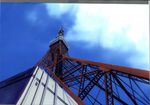  anchoku_0621 blue_sky cloud day from_below highres no_humans original scenery sky tokyo_tower tower traditional_media 