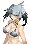  &gt;:( arms_at_sides artist_name bare_arms bare_shoulders bikini bikini_top black_hair blush breasts cleavage closed_mouth clothes_writing collarbone eyebrows_visible_through_hair frown grey_bikini grey_bikini_top hair_between_eyes head_wings highres kaorihero kemono_friends large_breasts leaf looking_at_viewer multicolored_hair serious shoebill_(kemono_friends) silver_hair simple_background solo strap_gap swimsuit tsurime two-tone_hair underboob upper_body v-shaped_eyebrows white_background wings yellow_eyes 