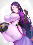  ass between_breasts bodysuit breasts cowboy_shot fate/grand_order fate_(series) fingerless_gloves gloves large_breasts long_hair looking_at_viewer looking_down md5_mismatch minamoto_no_raikou_(fate/grand_order) purple_eyes purple_hair sano_jinya sitting smile solo thick_thighs thighs very_long_hair 