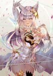  animal_ears arm_up armpits asymmetrical_clothes bangs bare_shoulders black_legwear blunt_bangs blush breasts cat_ears cowboy_shot elbow_gloves erune gloves granblue_fantasy hair_ornament highres korwa large_breasts long_hair looking_at_viewer mismatched_legwear parted_lips pink_eyes sideboob silver_hair smile solo thighhighs white_gloves white_legwear xephonia 