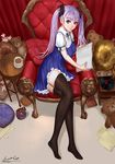  ariverkao armchair artist_name book chair cup dated long_hair looking_at_viewer lying no_shoes on_side open_book original phonograph purple_eyes purple_hair signature solo stuffed_animal stuffed_toy teacup teddy_bear thighhighs twintails 