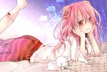  alternate_costume alternate_hair_length alternate_hairstyle animal ass beads bed_sheet dog double_bun ever_17 ferris_wheel hair_beads hair_ornament hands_on_own_cheeks hands_on_own_face hat hibiki_mio lace lace_trim long_hair looking_at_viewer lying older on_stomach pillow pink_hair red_eyes skirt smile socks star_(sky) striped striped_skirt yagami_coco 