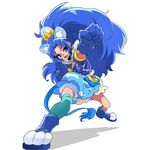 animal_ears asymmetrical_legwear blue blue_choker blue_eyes blue_gloves blue_hair blue_jacket choker clenched_hands commentary_request crown cure_gelato earrings extra_ears full_body fur_trim gloves highres jacket jewelry kirakira_precure_a_la_mode leather leather_jacket lion_ears lion_girl lion_tail long_hair looking_at_viewer magical_girl nukosann open_mouth precure punching short_sleeves simple_background skirt smile solo tail tategami_aoi teeth white_background 
