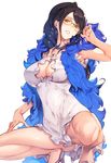  bad_id bad_twitter_id black_hair blush breasts brown_eyes cleavage dress fur_trim glasses high_heels long_hair looking_at_viewer medium_breasts nanao_(mahaya) nico_robin one_piece one_piece_film_gold parted_lips rimless_eyewear short_dress simple_background smile solo spread_legs squatting white_dress 