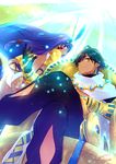  1boy 1girl animal_ears armor ass back blue_hair brown_hair cloak dark_skin earrings fate/grand_order fate/prototype fate/prototype:_fragments_of_blue_and_silver fate_(series) gloves jewelry nitocris_(fate/grand_order) panties pants purple_eyes rider_(fate/prototype_fragments) short_hair smile tattoo underwear very_long_hair yellow_eyes 