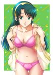  1girl bangs bra breasts cleavage collarbone cowboy_shot crotch_seam dress_shirt eyebrows_visible_through_hair frilled_bra frilled_panties frills fujii_satoshi gluteal_fold green_background green_eyes green_hair long_hair looking_at_viewer medium_breasts navel no_pants open_clothes open_mouth open_shirt opened_by_self outside_border panties pink_bra pink_panties shirt sho shoko_(super_real_mahjong) smile solo standing super_real_mahjong thigh_gap thighs underwear undressing white_shirt 