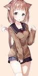  :o animal_ears bangs blue_skirt blush breasts brown_background brown_hair brown_sweater cat_ears cat_girl cat_tail collarbone commentary_request eyebrows_visible_through_hair green_eyes highres looking_at_viewer medium_breasts original over-kneehighs parted_lips pleated_skirt school_uniform serafuku short_hair simple_background sketch skirt sleeves_past_wrists solo standing sweater tail tail_wagging thighhighs umibouzu_(niito) white_legwear 