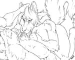  2017 anthro areola ball_fondling balls big_breasts breasts butt canine claws drooling duo english_text female fenrir_lunaris fondling fur hair huge_breasts long_hair male male/female mammal monochrome nipples nude oral penis pubes saliva signature simple_background solo_focus text tuft white_background wolf 