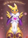  blue_eyes blue_sclera breasts detached_sleeves digimon digimon_tamers doom_x_wolf eyelashes fur furry heart heart_hands highres large_breasts looking_at_viewer navel no_pussy renamon snout solo thigh_gap thighs underboob valentine wide_hips yin_yang 