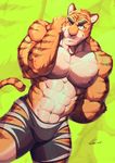  2017 abs anthro biceps big_muscles black_fur brown_eyes bulge canyne_khai clothed clothing disney feline fur glitter looking_at_viewer male mammal muscular muscular_male navel nipples orange_fur pecs pose raised_arm signature smile solo standing stripes stripper_tiger_(zootopia) tiger topless underwear whiskers white_fur zootopia zootopia_shorts 