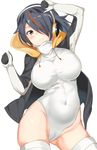  arm_up black_jacket breasts brown_eyes cameltoe clenched_teeth contrapposto covered_navel cowboy_shot drawstring emperor_penguin_(kemono_friends) gloves groin hair_over_one_eye headphones hood hooded_jacket jacket kemono_friends large_breasts leotard looking_at_viewer maji_(etonato) multicolored_hair open_clothes open_jacket parted_lips red_hair simple_background solo standing streaked_hair teeth thighhighs white_background white_legwear white_leotard 