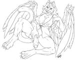  2017 anthro areola balls big_breasts bottomless breasts claws clothed clothing dickgirl english_text feathered_wings feathers fenrir_lunaris fray_(twinfoxes) fur glass hair huge_breasts humanoid_penis intersex long_hair looking_at_viewer monochrome nipple_bulge penis signature simple_background sitting slit_pupils solo sphinx spread_legs spreading text toe_claws tuft uncut vein white_background wings 