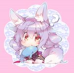  animal_ears blush braid braiding_hair chibi fox_ears full_body hairdressing japanese_clothes messy_hair pink_hair red_eyes shaneru solo stuffed_toy tail twin_braids 