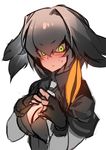  bangs bird_wings black_gloves black_hair blush bodystocking breasts cleavage closed_mouth eyebrows_visible_through_hair eyelashes feathers fingerless_gloves fingers_together flustered gloves green_eyes grey_neckwear hair_between_eyes head_wings kemono_friends light_frown long_hair looking_away looking_down looking_to_the_side low_ponytail medium_breasts necktie olys orange_hair shoebill_(kemono_friends) short_sleeves side_ponytail silver_hair simple_background solo sweat tsurime v-neck white_background wings 