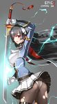  2017 ass belt black_hair black_legwear bow braid breasts copyright_name earrings electricity epic7 gloves hair_bow highres holding holding_sword holding_weapon jewelry karin_fantaria long_hair looking_at_viewer medium_breasts open_mouth panties pantyhose pantyshot pantyshot_(standing) serin199 skirt solo standing stud_earrings sword tassel thighhighs torn_clothes torn_legwear twisted_torso underwear weapon white_bow white_gloves white_panties white_skirt wind wind_lift 