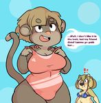  ! 2017 anthro armpit_hair black_nose blue_background blush bovine bra brown_hair cattle clothing dialogue duo english_text female freckles fur green_fur green_hair hair horn maggie_hudson mammal monkey navel one-piece_swimsuit open_mouth pink_nose primate reese_(sprocket) round_ears simple_background sky smile speech_bubble sprocket_(artist) standing surprise swimsuit tan_fur text underwear undressing wet wide_hips 