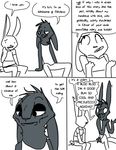  anthro clothed clothing comic dialogue disney duo female judy_hopps lagomorph male mammal monochrome rabbit sitting speech_bubble text the_weaver zootopia 