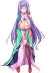  absurdres blue_eyes blush breasts cleavage_cutout covered_nipples full_body hand_on_own_knee hands_together highres huge_breasts hunched_over koihime_musou kouchuu long_hair long_sleeves mature official_art purple_hair smile solo transparent_background v_arms very_long_hair yatsuha_kanan 