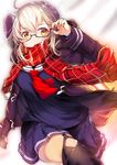  ahoge artoria_pendragon_(all) bangs black-framed_eyewear black_legwear blonde_hair braid fate/grand_order fate_(series) glasses jacket long_sleeves mysterious_heroine_x_(alter) plaid plaid_scarf red_scarf scarf school_uniform semi-rimless_eyewear skirt solo thighhighs umagenzin under-rim_eyewear yellow_eyes 