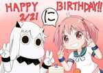  2girls animal animal_on_head arms_up birthday_cake bunny cake candle commentary double_v food grin hair_bobbles hair_ornament happy_birthday horns kantai_collection long_hair looking_at_viewer midriff moomin moomintroll multiple_girls muppo northern_ocean_hime on_head pink_background pink_eyes pink_hair sazanami_(kantai_collection) sazanami_konami school_uniform serafuku shinkaisei-kan short_sleeves sidelocks skirt smile translated twintails upper_body v white_hair wristband 