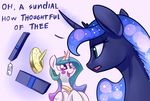  blue_eyes cosmic_hair duo english_text equine female feral friendship_is_magic hooves horn mammal my_little_pony open_mouth princess_celestia_(mlp) princess_luna_(mlp) simple_background smile text tongue underpable white_background winged_unicorn wings 