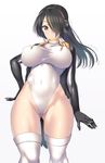  ass_visible_through_thighs black_gloves black_hair breasts brown_eyes cape closed_mouth covered_navel covered_nipples cowboy_shot emperor_penguin_(kemono_friends) gloves hair_over_one_eye headphones highlights hood hoodie kemono_friends large_breasts leotard long_hair looking_at_viewer looking_down multicolored_hair nagase_haruhito simple_background solo thighhighs underbust white_background white_legwear 