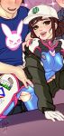  1girl 3boys baseball_cap blush blushypixy bodysuit breasts brown_hair clothed_sex d.va_(overwatch) erect_nipples gloves hat jacket long_sleeves medium_breasts multiple_boys open_mouth overwatch sex smile tongue torn_bodysuit torn_clothes upper_teeth white_gloves yellow_eyes 