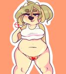  2017 anthro black_nose blush bovine camel_toe cattle clothed clothing eyewear female freckles fur g-string glasses green_fur green_hair hair horn looking_at_viewer looking_pleasured maggie_hudson mammal navel open_mouth orange_background outline panties shirt simple_background skimpy slightly_chubby smile solo sprocket_(artist) standing stomach sweat tan_fur tank_top thong underwear wide_hips 