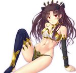 arm_warmers bangs bare_legs barefoot bikini black_bikini_bottom blue_bow blue_legwear blush bow breasts brown_hair cleavage closed_mouth collarbone earrings eyebrows_visible_through_hair fate/grand_order fate_(series) hair_bow hoop_earrings ishtar_(fate/grand_order) jewelry leaning_back long_hair long_legs looking_at_viewer medium_breasts mismatched_bikini misui navel neck_ring parted_bangs red_eyes shiny shiny_hair simple_background single_thighhigh sitting smile solo stomach swimsuit thighhighs toeless_legwear two_side_up white_background white_bikini_top 