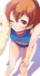  ;d arm_up bare_arms bare_legs bare_shoulders bent_over blurry blush breasts buruma close-up depth_of_field drying drying_hair eyebrows_visible_through_hair grin hair_between_eyes highres hoshizora_rin love_live! love_live!_school_idol_project medium_breasts navel one_eye_closed open_mouth orange_hair sen_(sen0910) shadow short_hair smile solo sports_bra sportswear standing stomach sweat tareme teeth towel yellow_eyes 