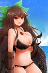  :d alternate_costume arano_oki arm_cannon bare_shoulders bikini black_bikini black_wings blue_sky blush bow breasts brown_hair cleavage collarbone cowboy_shot day eyebrows_visible_through_hair green_bow hair_bow horizon large_breasts long_hair looking_at_viewer navel o-ring o-ring_bikini open_mouth red_eyes reiuji_utsuho sky smile solo splashing standing stomach straight_hair swimsuit tareme third_eye touhou very_long_hair water water_drop weapon wings 