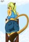  big_butt blonde_hair blush butt camel_toe clothing cougar feline female fountain hair invalid_tag legwear looking_at_viewer mammal mel_(dionysis) pockets pose shirt shorts stockings tank_top thigh_highs 