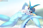  2017 anthro anthrofied areola armpits big_eyes blue_skin breasts eeveelution english_text female fin hand_behind_head looking_at_viewer lying navel nintendo nipples nude on_back patreon pink_nipples pok&eacute;mon pok&eacute;morph purple_eyes pussy small_breasts smile solo text tongue tongue_out tsampikos vaporeon video_games water wet white_membrane yellow_membrane 