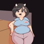  2017 abby_(sprocket) anthro big_breasts black_background black_hair black_nose blue_shirt bovine breasts brown)eyes cattle clothing female hair horn looking_at_viewer mammal name_tag pants shirt simple_background smile solo spots sprocket_(artist) standing t-shirt wide_hips 