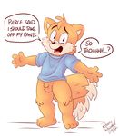  anthro balls barefoot blush bottomless canine clothed clothing dialogue english_text flaccid fox front_view male mammal miles_prower multi_tail open_mouth penis plantigrade roarey_raccoon shirt signature simple_background sonic_(series) spread_arms standing t-shirt talking_to_viewer text uncut 