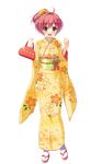  absurdres blush clenched_hands doumyouji_moemi full_body high_ponytail highres holding japanese_clothes kimono long_sleeves looking_at_viewer obi official_art pink_hair pure_x_connect sandals sash solo tabi transparent_background yellow_eyes yellow_kimono 