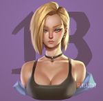  1girl android_18 blonde_hair blue_eyes breasts choker cleavage dragon_ball dragonball_z earrings eyebrows eyelashes eyeliner eyeshadow forehead hair_over_one_eye highres instagram_username jewelry large_breasts lips looking_at_viewer lukas_klaudat makeup nose o-ring o-ring_choker off_shoulder short_hair solo tank_top upper_body 