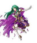 book boots breastplate cape cecilia_(fire_emblem) fire_emblem fire_emblem:_fuuin_no_tsurugi fire_emblem_heroes full_body gloves green_eyes green_hair highres kita_senri long_hair official_art open_mouth solo teeth torn_clothes transparent_background 