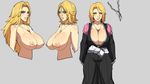  1girl alternate_hairstyle areola_slip areolae bleach blonde_hair blue_eyes breasts cleavage cowboy_shot grey_background highres hori_hiraki huge_breasts japanese_clothes long_hair long_sleeves looking_at_viewer matsumoto_rangiku mole mole_under_mouth nipples parted_lips short_hair simple_background smile solo standing 