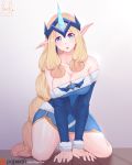  1girl all_fours alternate_costume alternate_hair_color bare_shoulders blonde_hair blue_eyes blue_horns breasts cleavage commentary crown english eyebrows_visible_through_hair horn kneeling large_breasts league_of_legends lewdlux long_hair long_sleeves looking_at_viewer multi-tied_hair on_ground open_mouth patreon_logo patreon_username pointy_ears solo soraka winter winter_clothes wood 