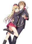  1girl arm_around_waist black_footwear blonde_hair blue_eyes boots breast_press breasts brown_eyes brown_hair extraction eyebrows_visible_through_hair gloves hug kantoku large_breasts leg_up long_hair looking_at_viewer military military_uniform open_mouth pleated_skirt qualidea_code red_skirt short_hair skirt suzaku_ichiya transparent_background uniform utara_canaria white_gloves 